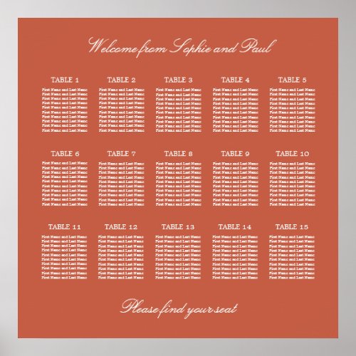 Terracotta 15 Table Wedding Seating Chart Poster
