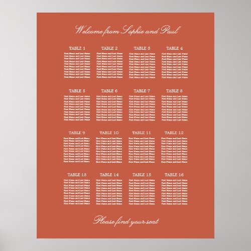 Terracotta 16 Table Wedding Seating Chart Poster