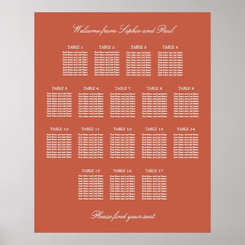 Terracotta 17 Table Wedding Seating Chart Poster