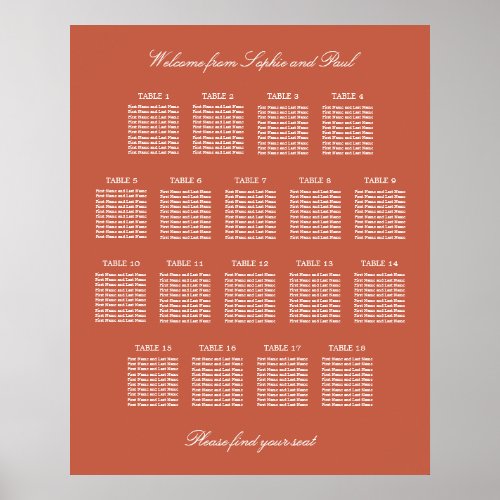 Terracotta 18 Table Wedding Seating Chart Poster