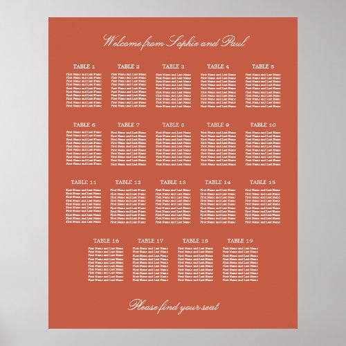 Terracotta 19 Table Wedding Seating Chart Poster