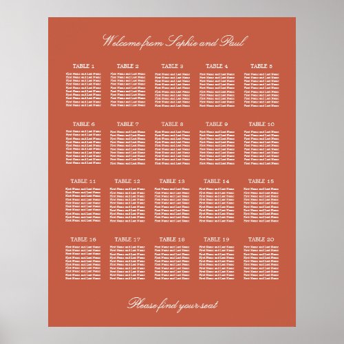 Terracotta 20 Table Wedding Seating Chart Poster