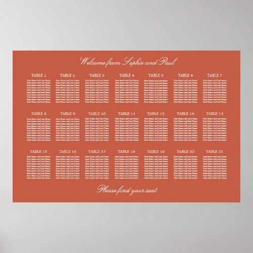 Terracotta 21 Table Wedding Seating Chart Poster