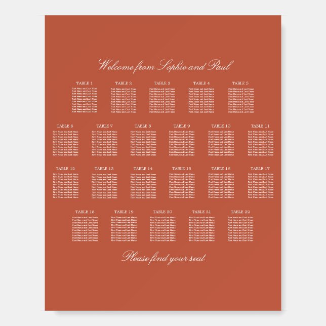 Terracotta 22 Table Wedding Seating Chart Foam Board (Front)