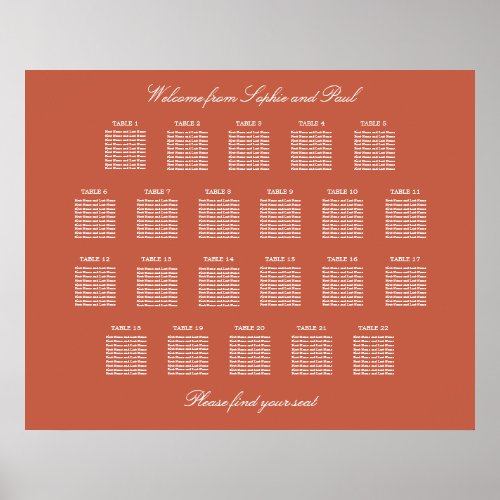 Terracotta 22 Table Wedding Seating Chart Poster