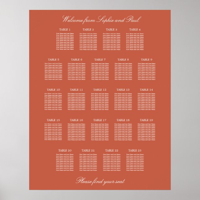 Terracotta 23 Table Wedding Seating Chart Poster (Front)