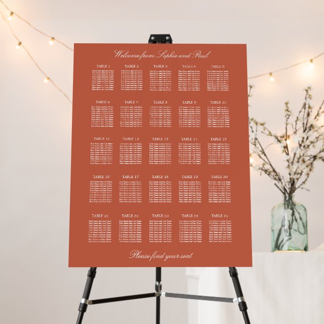 Terracotta 25 Table Wedding Seating Chart Foam Board (In Situ (Stand))