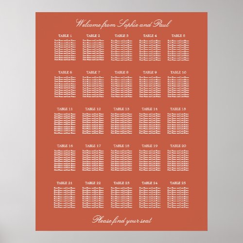 Terracotta 25 Table Wedding Seating Chart Poster