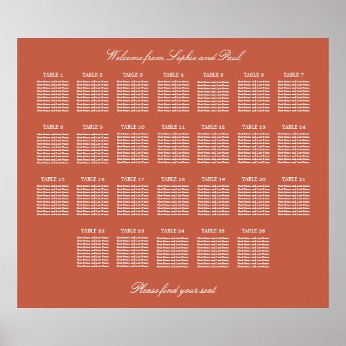 Terracotta 26 Table Wedding Seating Chart Poster