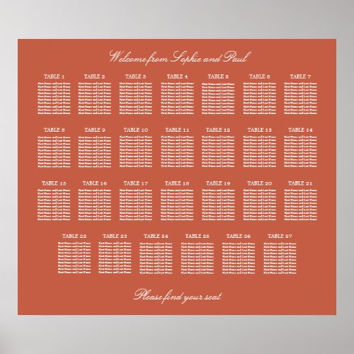 Terracotta 27 Table Wedding Seating Chart Poster