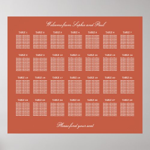 Terracotta 28 Table Wedding Seating Chart Poster