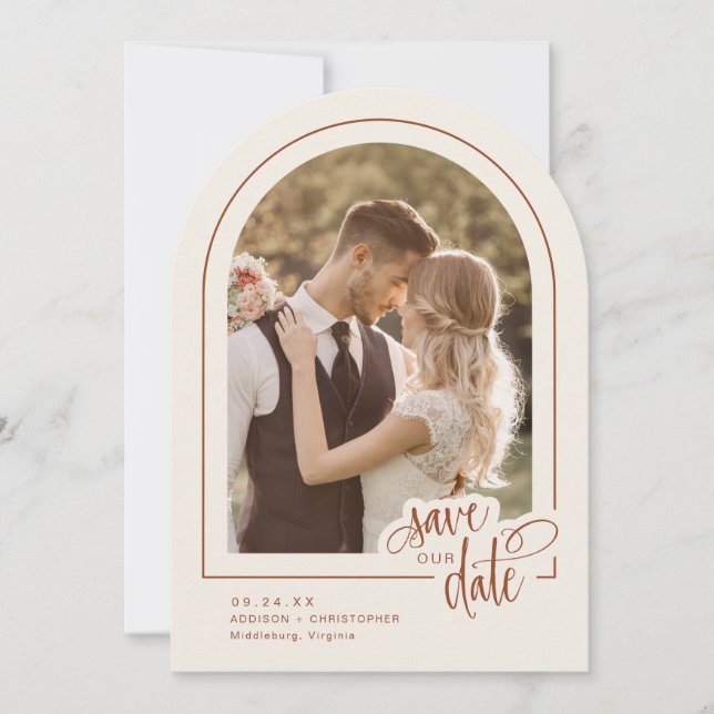 Terracotta 2 Photo Script Wedding Save the Date Invitation (Front)