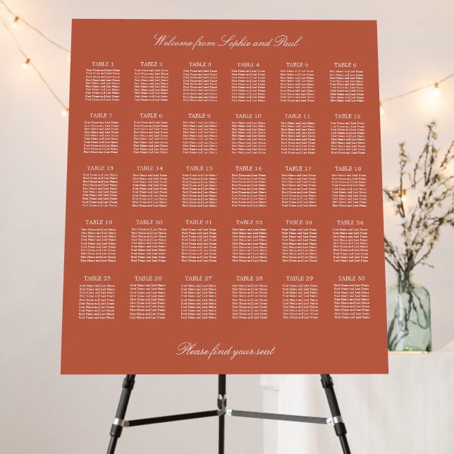 Terracotta 30 Table Wedding Seating Chart Foam Board (In Situ (Stand))