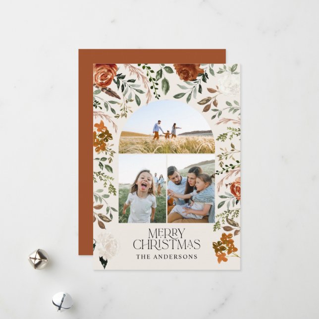 Terracotta 3 photo botanical elegant arch holiday card (Front/Back In Situ)