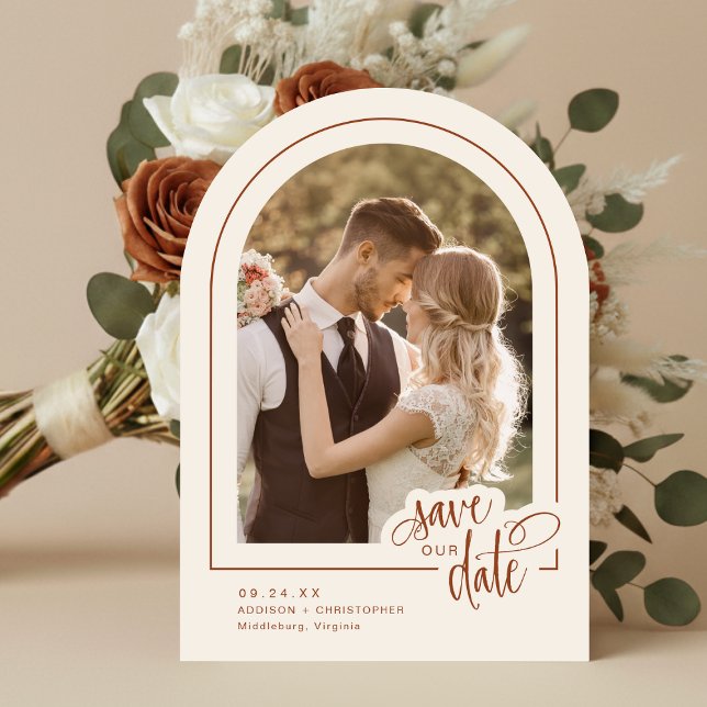 Terracotta 5 Photo Script Wedding Save the Date Invitation (Shown on a 5" x 7" invitation with Arch Corner Style)