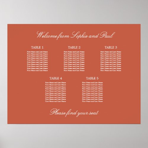 Terracotta 5 Table Wedding Seating Chart Poster