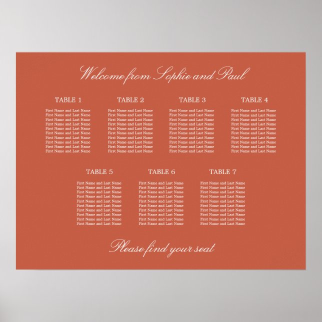Terracotta 7 Table Wedding Seating Chart Poster (Front)