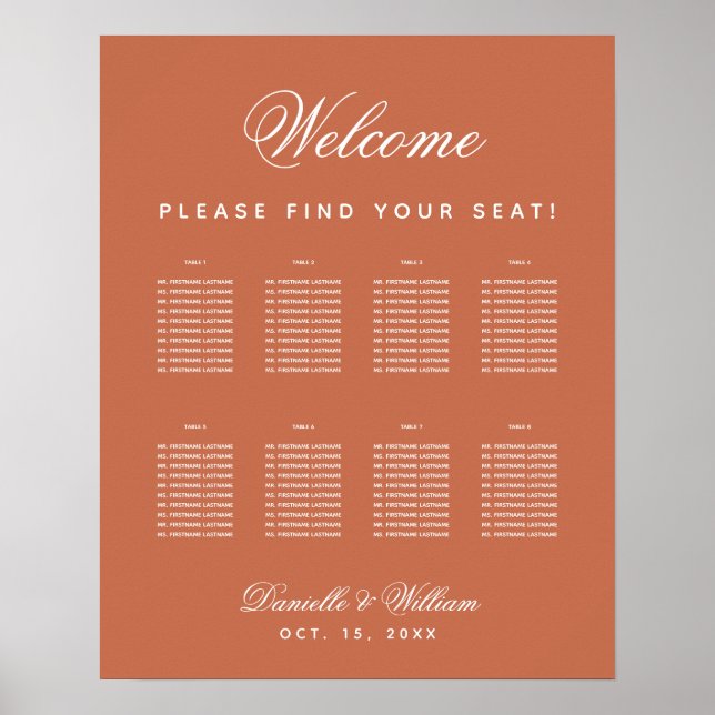 Terracotta 8 Table Simple Wedding Seating Chart (Front)