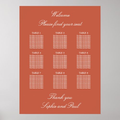 Terracotta 9 Table Wedding Seating Chart Poster