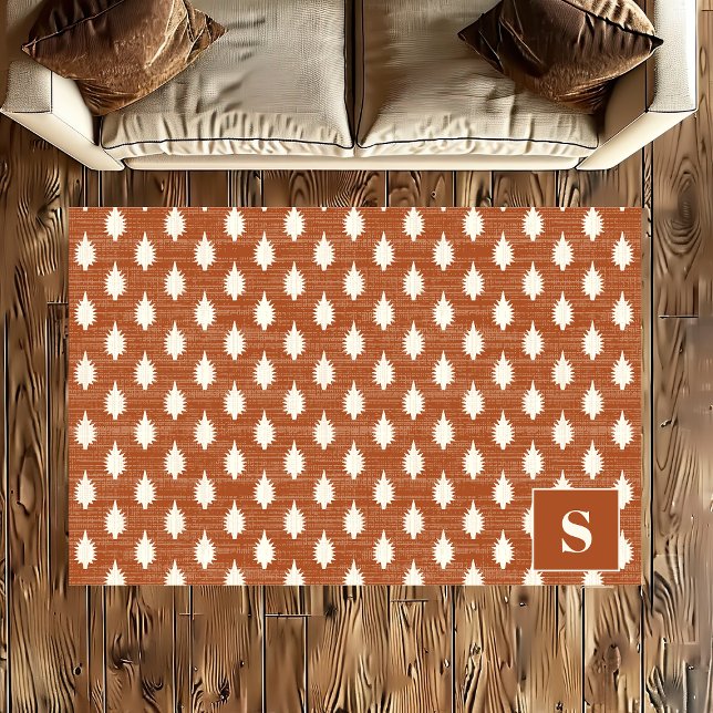 Terracotta Abstract Geometric Spikes Boho Monogram Rug (Creator Uploaded)