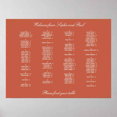 Terracotta Alphabetical Seating Chart Poster