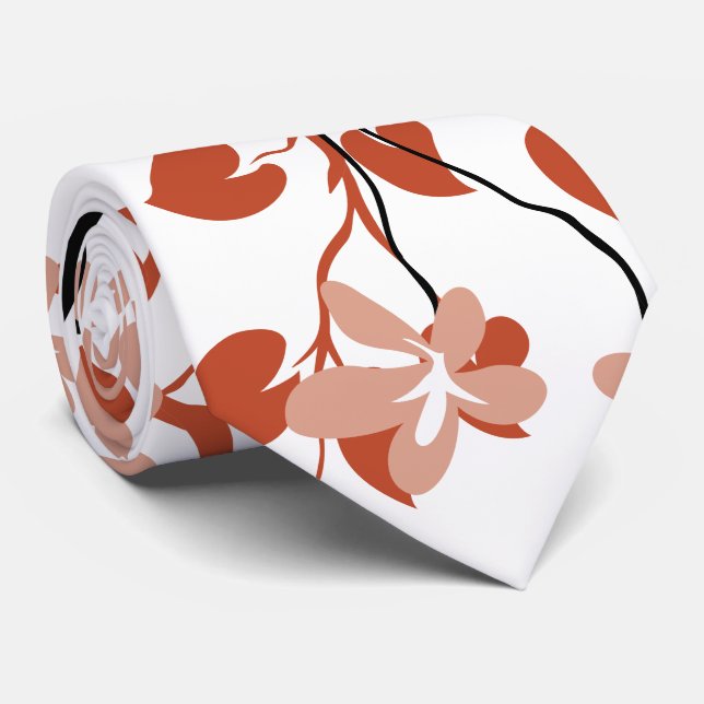 Terracotta and black branch, dark peach flowers neck tie (Rolled)