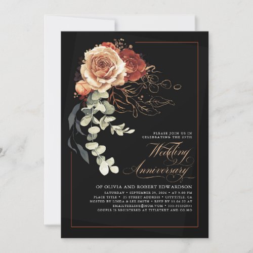 Terracotta and Black Floral Wedding Anniversary Invitation