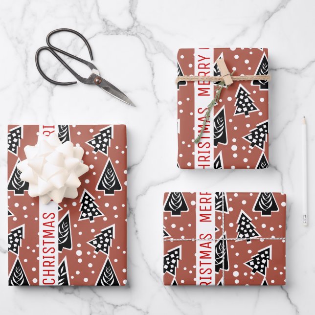 Terracotta and black Merry Christmas trees holiday Wrapping Paper Sheets (Front)