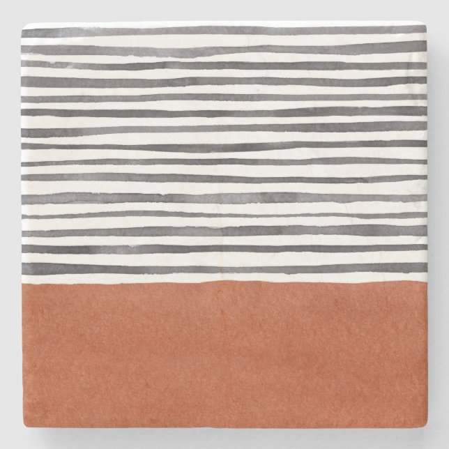 Terracotta and Black White Stripes   Stone Coaster (Front)