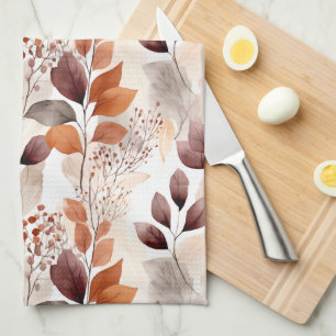 Terracotta and Burgundy Fall Leaves   Boho Autumn Kitchen Towel