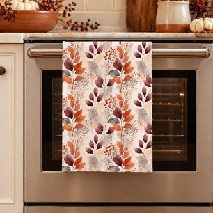 Terracotta and Burgundy Fall Leaves Boho Autumn Kitchen Towel