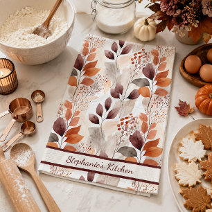 Terracotta and Burgundy Fall Leaves Custom Boho Kitchen Towel