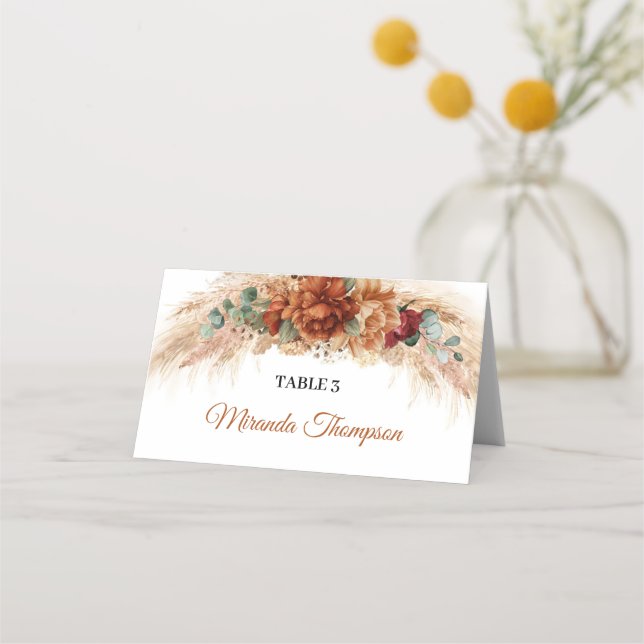 Terracotta and burgundy flowers greenery & pampas place card (Front)