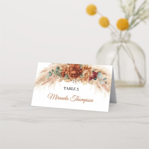 Terracotta and burgundy flowers greenery  pampas place card