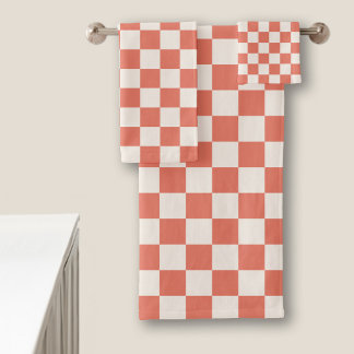 Terracotta and Cream Checkered Pattern Bath Towel Set
