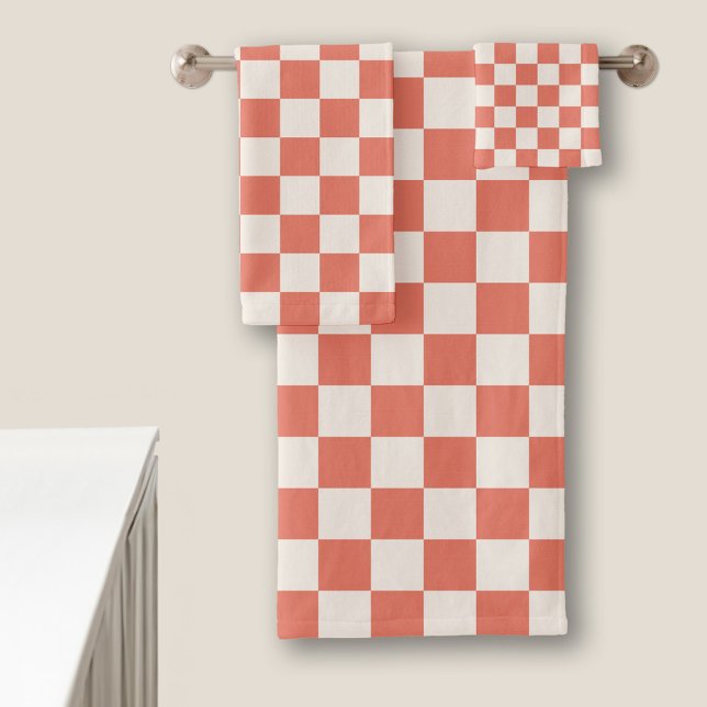 Terracotta and Cream Checkered Pattern Bath Towel Set (Terracotta and Cream Checkered Pattern Bath Towel Set in situ)