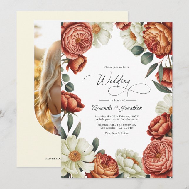 Terracotta and Cream Watercolor Floral Wedding Invitation (Front/Back)