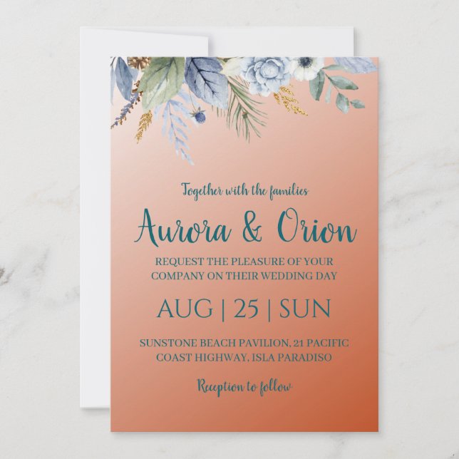 terracotta and dusty blue wedding invitations (Front)