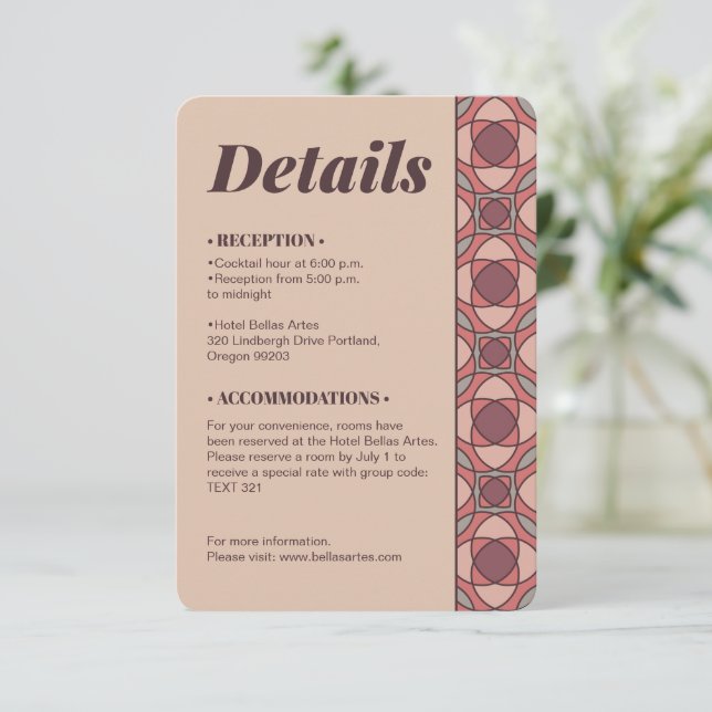 Terracotta and Dusty Rose Art Deco Wedding Details Enclosure Card (Standing Front)