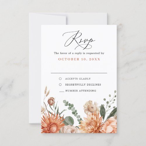 Terracotta and Emerald Green Rustic Floral Wedding RSVP Card