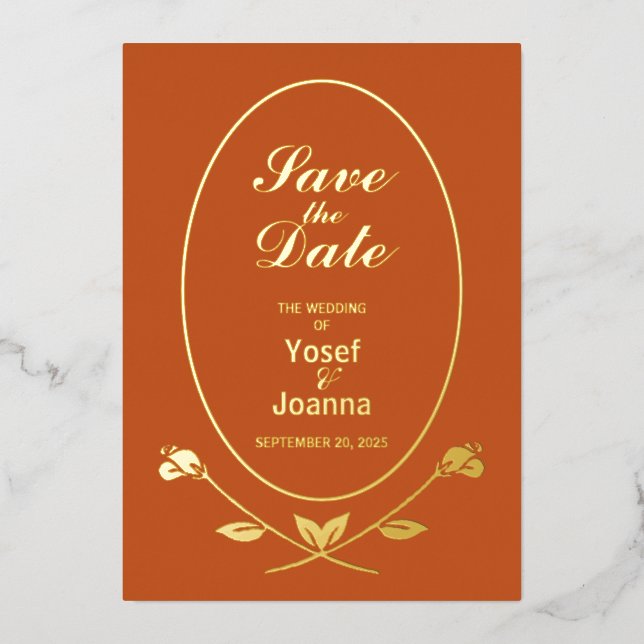 Terracotta and Foil Wedding Announcement (Front)