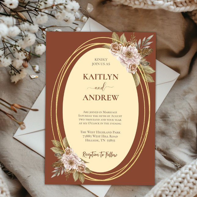Terracotta and Gold Elegant Boho Floral Wedding Foil Invitation (Terracotta and Gold Foil Boho Chic Elegant Floral Rustic Watercolor Wedding Invitation)