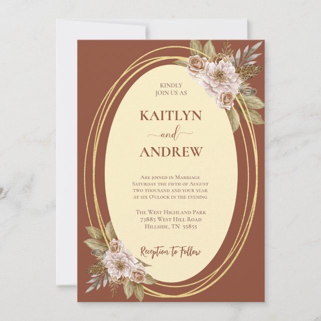Terracotta and Gold Elegant Boho Floral Wedding Invitation (Front)