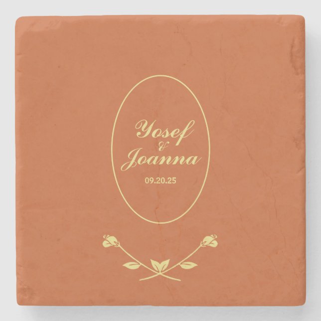 Terracotta and Gold Wedding Stone Coaster (Front)