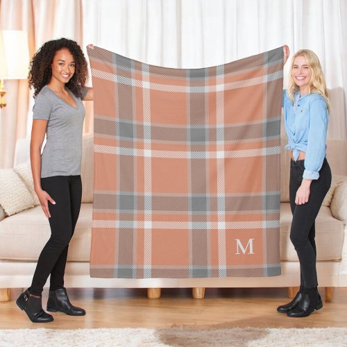 Terracotta and Gray Tartan Plaid with Monogram Fleece Blanket