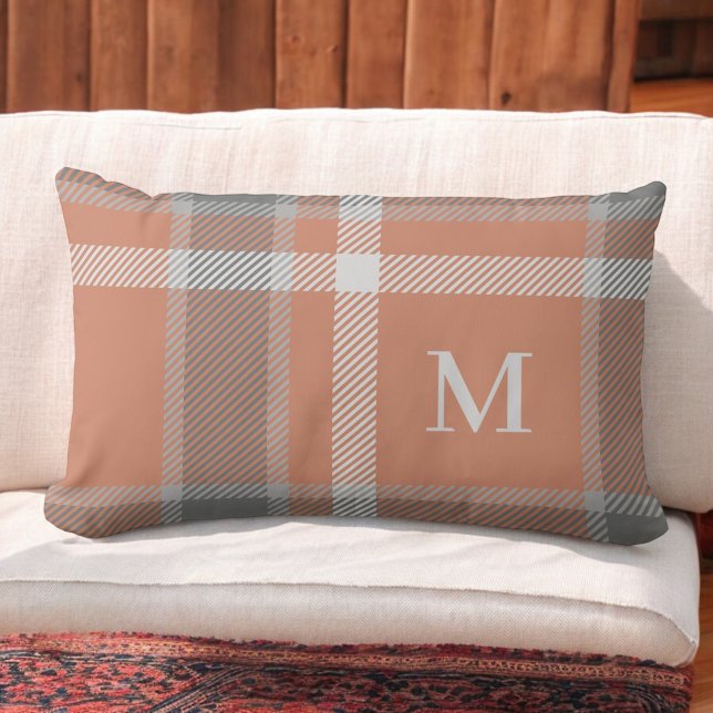 Terracotta and Gray Tartan Plaid with Monogram Lumbar Pillow (Creator Uploaded)