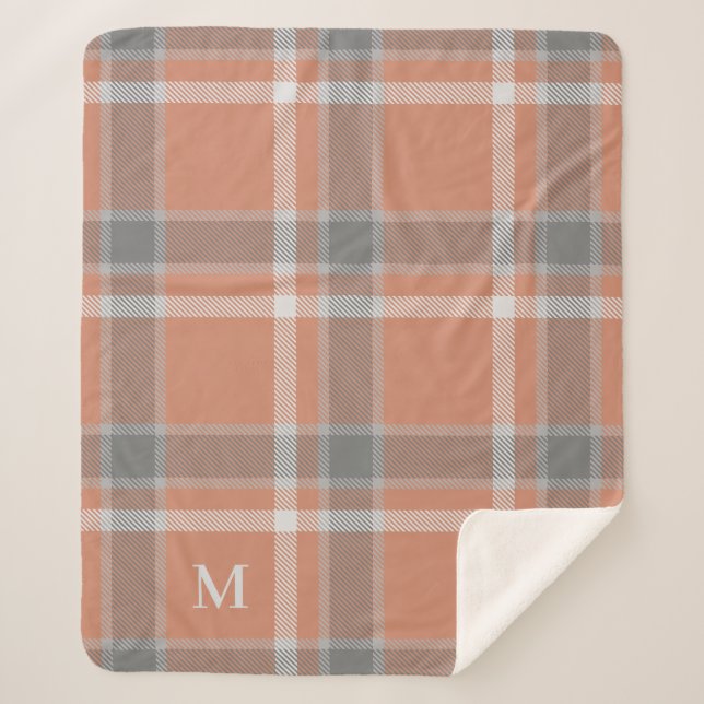 Terracotta and Gray Tartan Plaid with Monogram Sherpa Blanket (Front)