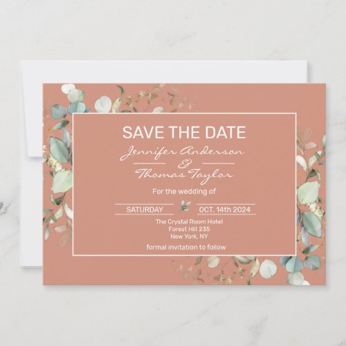  Terracotta and Green Leaves Save The Date Card 