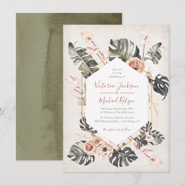 Terracotta and Green Tropical foliage Wedding Invitation (Front/Back)