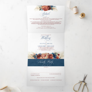 Terracotta and Navy Blue Elegant Boho Wedding Tri-Fold Invitation